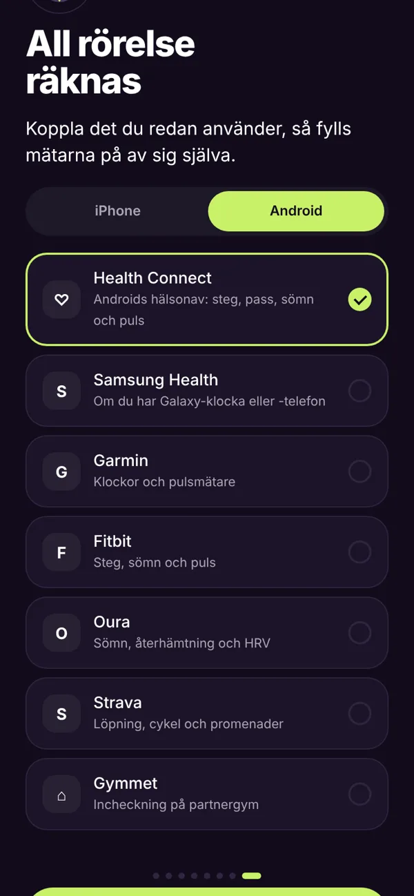 Skärmen där du kopplar Health Connect, Samsung Health och andra källor